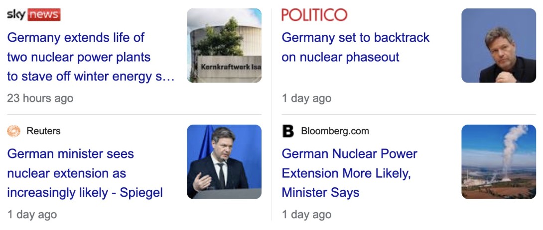 Screenshot af internationale nyheder om kernekraft i Tyskland